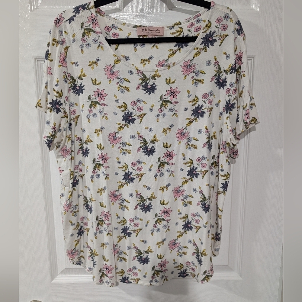Philosphy Woman Cream Floral Print Short Sleeve Blouse in Size 2X